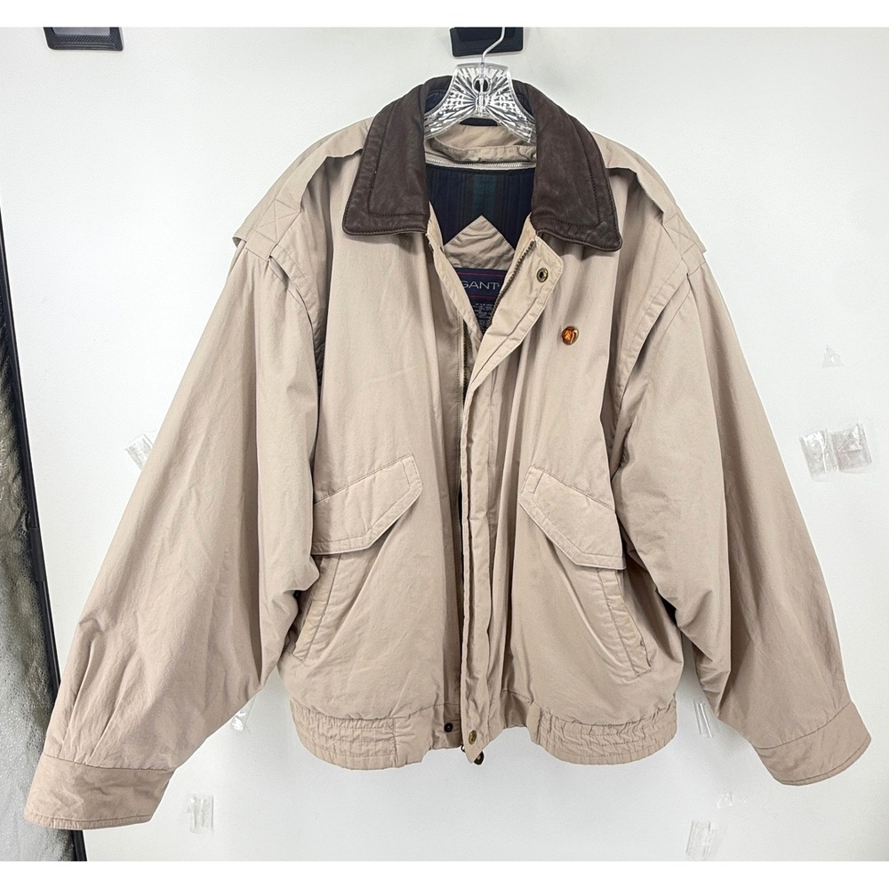 GANT Mens Tan Bomber Jacket Leather Collar Plaid Lined Thermolite Insulated L